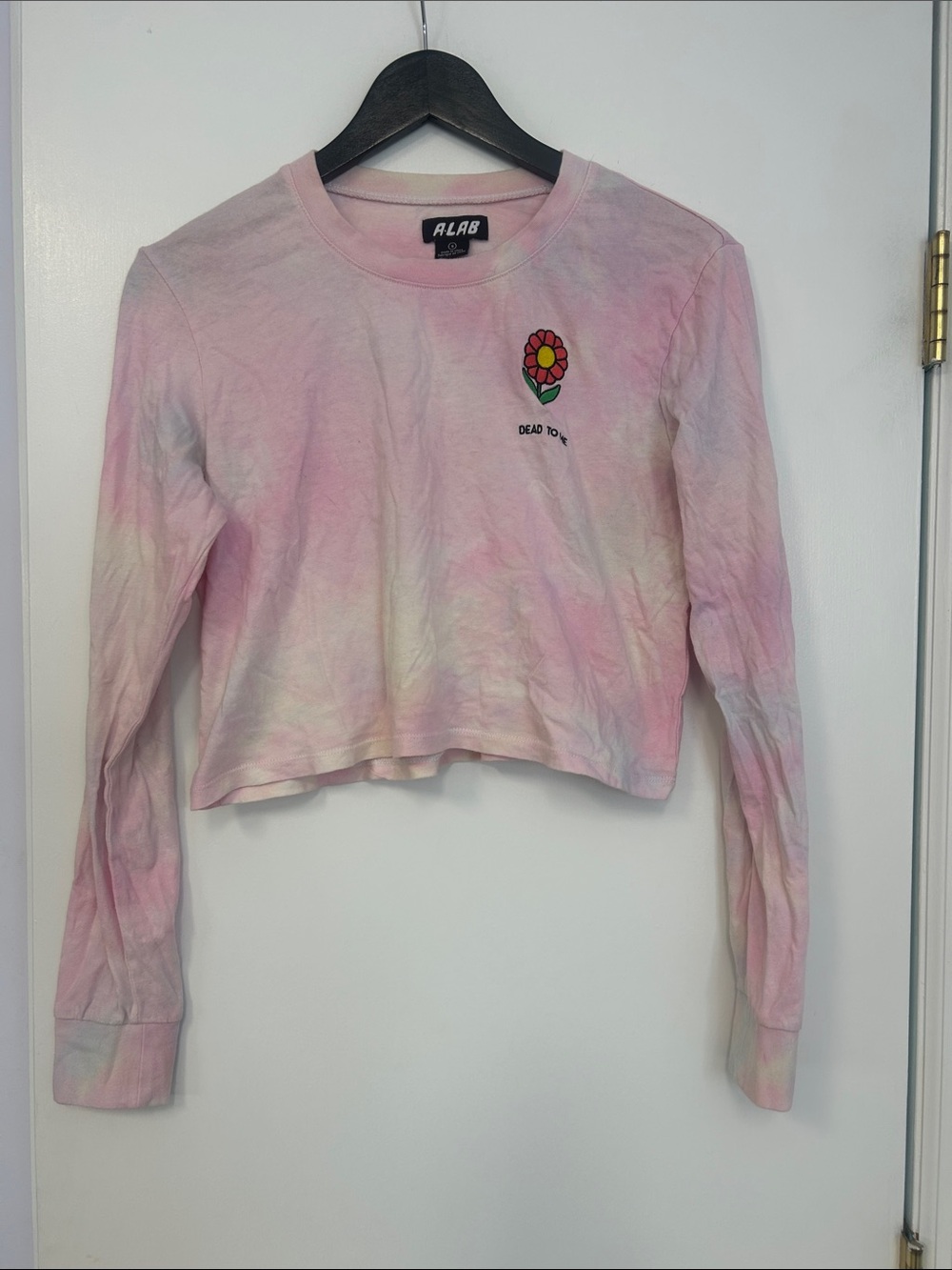 Pink Tie-Dye Cropped Long-Sleeve Top with Dead To Me Flower Patch